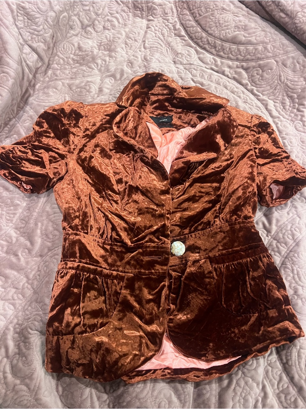 Velvet Short-Sleeve Blazer Jacket - Copper Brown